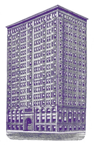A drawing of a large purple building near Best Dog in America.
