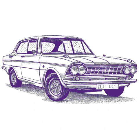 A drawing of an old car on a white background inspired by Best Dog in America.